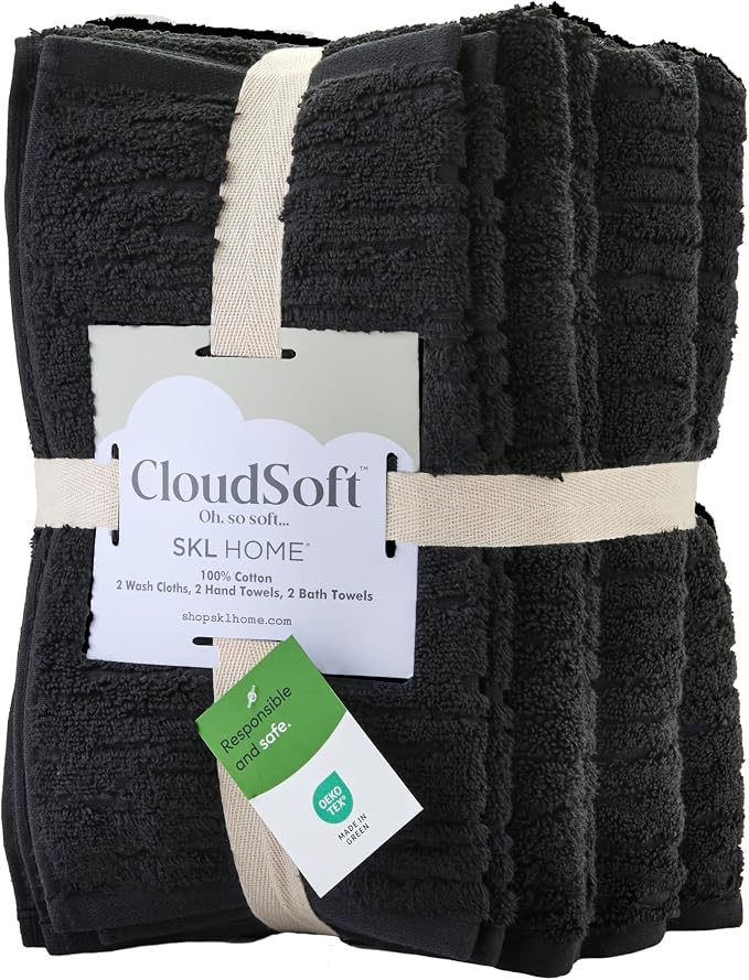SKL Home CloudSoft Bath Towel Set, 6-Piece, 100% Cotton Luxury, Slate | 2 Bath towels, 2 hand towels, 2 washcloths. Premium spa-level quality. 600/520 GSM weight. Ultra plush & absorbent.