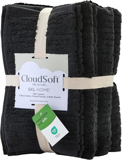 SKL Home CloudSoft Bath Towel Set, 6-Piece, 100% Cotton Luxury, Slate | 2 Bath towels, 2 hand towels, 2 washcloths. Premium spa-level quality. 600/520 GSM weight. Ultra plush & absorbent.