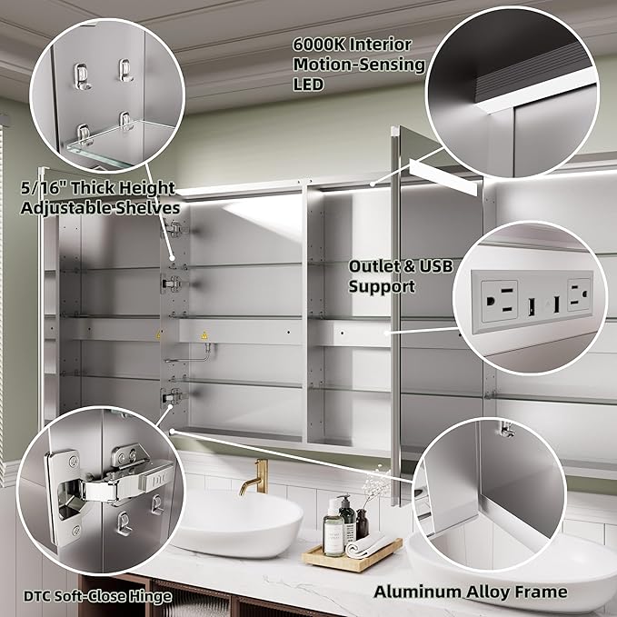 LED Medicine Cabinet Mirror, 60x30 Inch Bathroom Storage, Recessed/Wall Mount, Plug-in/Hardwired, 3 Color Dimmable Light, Anti-Fog, Time Temp Display