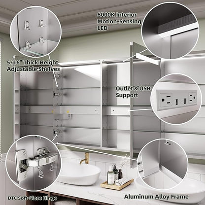 LED Medicine Cabinet Mirror, 48x30 Inch Bathroom Storage, Recessed/Wall Mount, Plug-in/Hardwired, 3 Color Dimmable Light, Anti-Fog, Time Temp Display