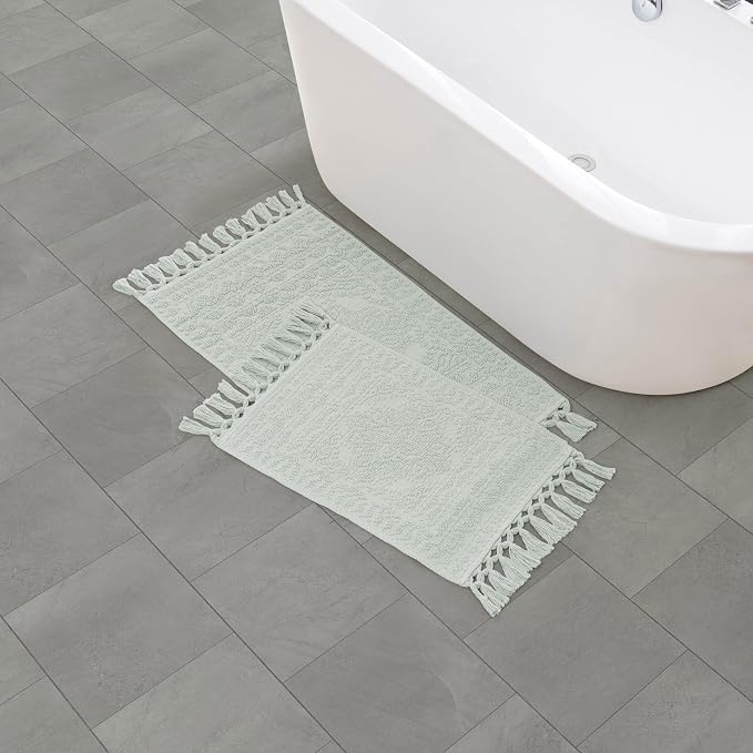 French Connection Nellore Bathroom Rugs, Set of 2 Woven and Beaded Bathroom Mats, Durable Bath Rugs, Thick Bath Mats for Bathroom and Shower Rugs, 17" x 28" and 20" x 38", Light Blue