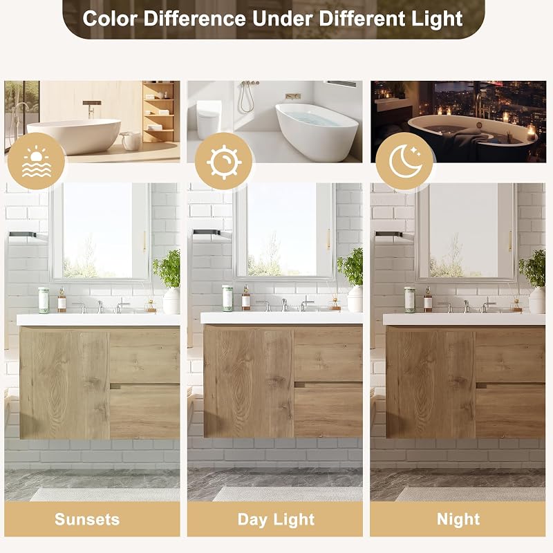 Modern Floating Natural Bathroom Vanity 60 Inch with Dual Sink, SMC Sink Top and Divided Drawers, Elegant Storage Cabinet with No Handle Design and Soft Close Doors for Large Bathrooms