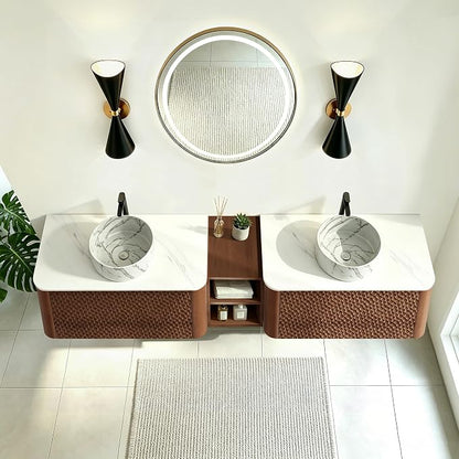84 Inch Double Vanity with Sink Set, Floating Bathroom Sink Cabinet with Sintered Stone Top&Solid Wood Hammered Frame, Double Bathroom Vanities w/Soft-Close Drawers&1 Side Open Cube