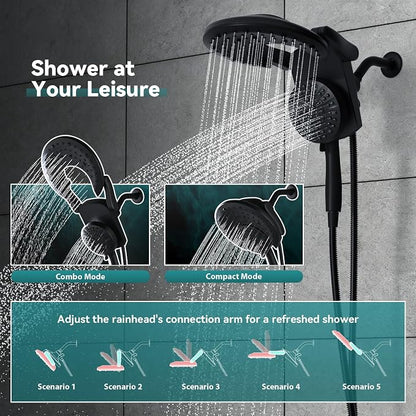 Foldable Rainfall Shower Head 9 Spray Settings/Modes Handheld Showerheads | High Pressure Shower Heads with Handheld Spray Combo, Built-in Magnetic Docking, Power Jets, Stainless Steel Shower Hose