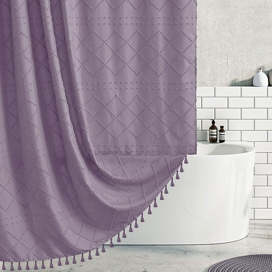 Extra Long Purple Boho Shower Curtain Woven Fabric Cute 84 Inch Shower Curtain, 72 x 84 Tufted Chevron Textured Striped Modern Farmhouse Minimalist Cloth Shower Curtain for Bathroom