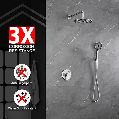 sumerain Concealed Shower Faucet Sets with 10 inch Rainfall Shower Head, Brushed Nickel Shower Fixtures with Rough-in Valve and Trim Kit