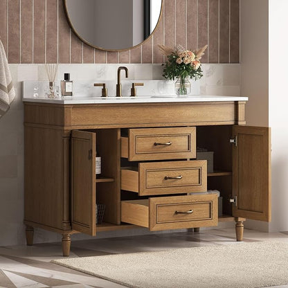 48 Inch Bathroom Vanity with Sink Combo, Classic Bathroom Cabinet with Countertop & Backsplash, Solid Wood Vanity with Soft Closing Doors & Dovetail Drawers, Ceramic Sink, Light Walnut