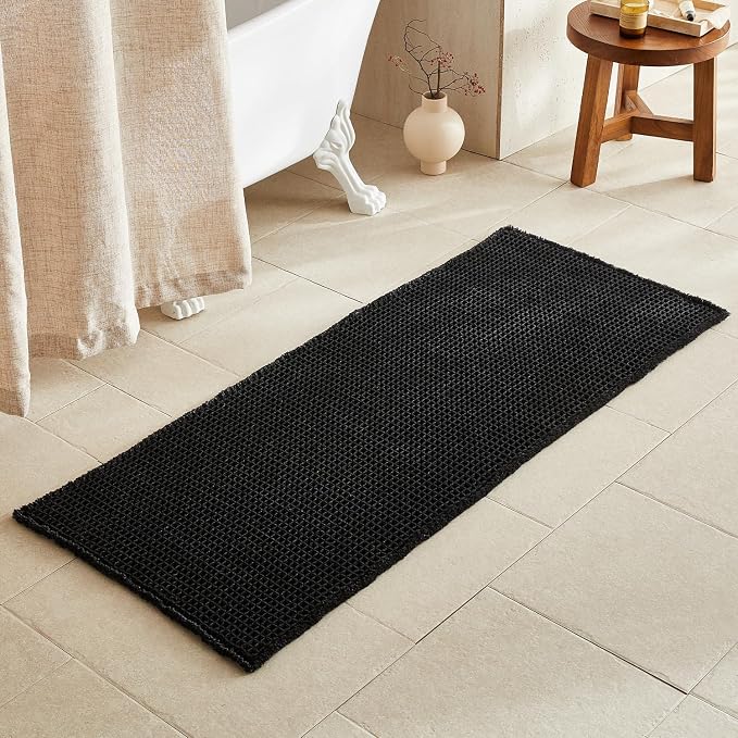 TYUU Black Waffle Runner Rug Bathroom, Long Boho Bath Mat, 60x24 | Super Absorbent Quick Dry Bath Rug, Non-Slip Backing, Soft Waffle Washable Farmhouse Bathroom Mats, Tub, Shower & Home Decor