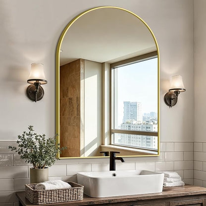 Arched Bathroom Vanity Mirror for Over Sink, 38”x26”, Gold | HD Tempered Glass, Anti-Rust Metal Frame, Hanging or Leaning, Wall Mirrors for Bathroom Sink, Bedroom, Living Room, Entryway