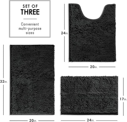 Hearth & Harbor Bathroom Rugs, Chenille Bath Mat - Machine Washable Bath Mats for Bathroom Non-Slip Backing Rubber, Quick Dry Mat - Black Bath Rug, 17x24-20x32-20x24