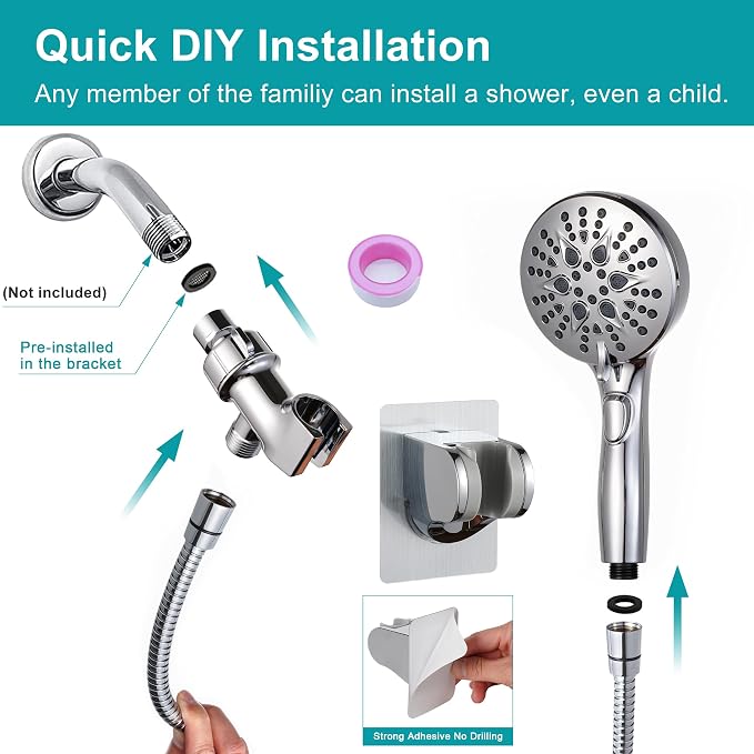 GwernKB Handheld Shower Head with ON OFF Switch & 79in Stainless Steel Hose | Built-in Power Spray,7-Setting High Pressure Spray with Bracket & Extra No Drilling Wall Shower Holder for Lower Mount,Silver