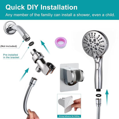 GwernKB Handheld Shower Head with ON OFF Switch & 79in Stainless Steel Hose | Built-in Power Spray,7-Setting High Pressure Spray with Bracket & Extra No Drilling Wall Shower Holder for Lower Mount,Silver
