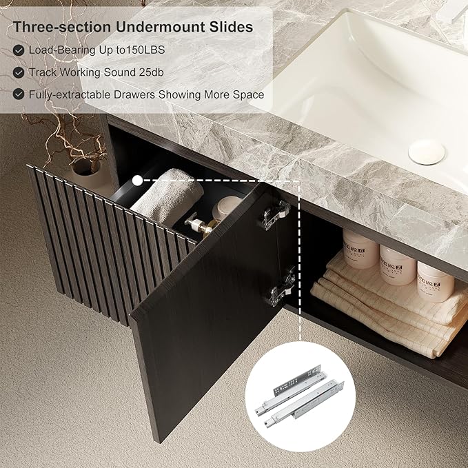 Ambrovina 48" Floating Bathroom Vanity with Sink, Modern Plywood Bathroom Storage Cabinet with Drawer and 2 Doors, Gray Sintered Stone Countertop and Ceramic Basin, Pre-Assembled, Espresso Woodgrain