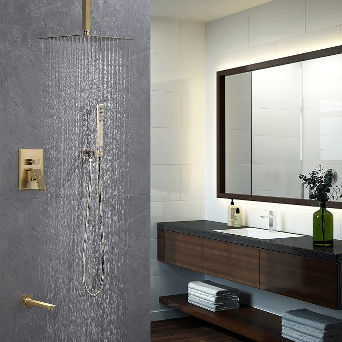 Iriber Ceiling Brushed Gold Rain Shower System with Waterfall Tub Spout 3 Function Shower Faucet Set Contain 12 Inch Shower Head and Handheld Shower Trim Kit (Valve Cartridge Included)