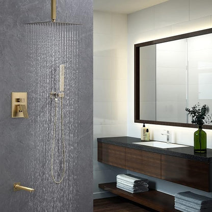Iriber Ceiling Brushed Gold Rain Shower System with Waterfall Tub Spout 3 Function Shower Faucet Set Contain 12 Inch Shower Head and Handheld Shower Trim Kit (Valve Cartridge Included)
