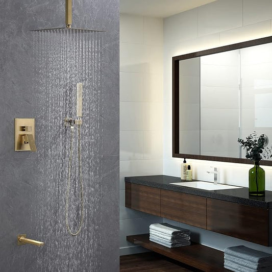 Iriber Ceiling Brushed Gold Rain Shower System with Waterfall Tub Spout 3 Function Shower Faucet Set Contain 12 Inch Shower Head and Handheld Shower Trim Kit (Valve Cartridge Included)