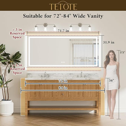 TETOTE 72 x 32 LED Bathroom Mirror, Brighter Lighted Bathroom Vanity Mirror with LED Lights, Light up Front and Backlit 3-Color Dimmable Anti Fog Illuminated Mirror, Waterproof, Shatterproof
