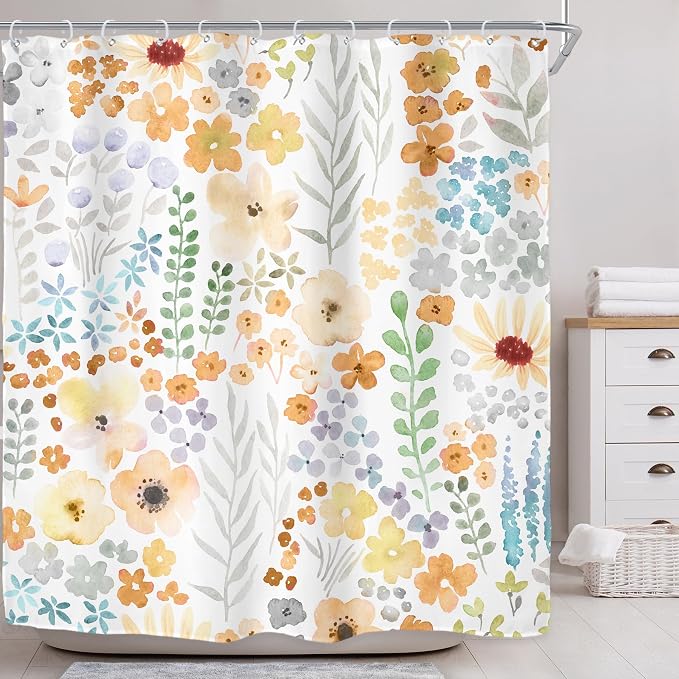 Yellow Cute Floral Flowers Colorful Plants Art Bathroom Shower Curtain Set | 72"W x 72"H Leaves Spring; waterproof HD print, quick-dry fabric with 12 hooks for easy hanging.