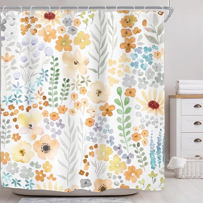 Yellow Cute Floral Flowers Colorful Plants Art Bathroom Shower Curtain Set | 72"W x 72"H Leaves Spring; waterproof HD print, quick-dry fabric with 12 hooks for easy hanging.
