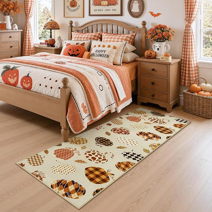 2.5x8 Beige Halloween Fall Pumpkin Hallway Runner Rug for Kitchen Entryway | Washable Non-Slip Low-Pile Autumn Thanksgiving Rug for Hallway, Front Door, Bedroom, Bathroom, Halloween Home Decor Rug