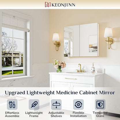Keonjinn 30"x26" White Bathroom Mirror Cabinet, Lightweight Aluminum Frame | Effortless Assembly, Safe HD Tempered Glass, Wall-mounted or in Wall, Adjustable Shelves, Soft Close, Medicine Cabinets