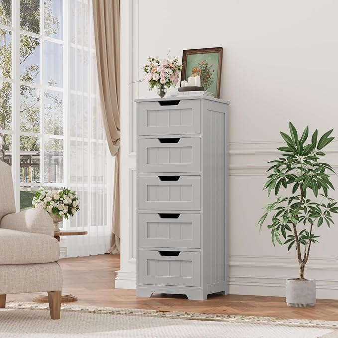 FOTOSOK Bathroom Cabinet, Bathroom Storage Cabinet with 5 Drawers, Grey | Narrow Bathroom Storage with Cut-Out Handles, 11.8” x 15.7” x 40.1”, Slim & Small Floor Cabinet for Laundry/Hallway