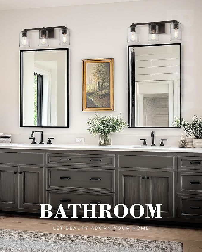 Beionxii 25In Farmhouse Bathroom Light Fixtures,Rustic Vanity Light Fixture | 3-Light Bathroom Vanity Light Fixture, Seeded Glass Shade, Oil Rubbed Bronze Over Mirror for Bathroom Living Room, BXMB9002-3