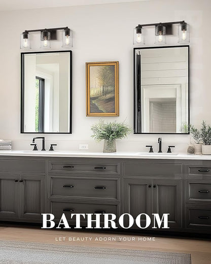 Beionxii 25In Farmhouse Bathroom Light Fixtures,Rustic Vanity Light Fixture | 3-Light Bathroom Vanity Light Fixture, Seeded Glass Shade, Oil Rubbed Bronze Over Mirror for Bathroom Living Room, BXMB9002-3