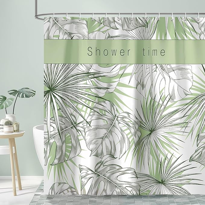 Tropical Leaves Shower Curtain, Green Palm Leaf Botanical Summer Shower Curtain for Bathroom, Waterproof Polyester with 12 Hooks, 72 x 72 Inches