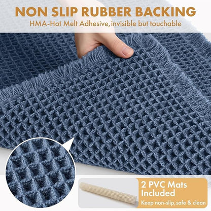 MIULEE Set of 2 Waffle Bathroom Rugs Boho Bath Mat Blue 17"x24"+17"x48" | Non Slip, Super Absorbent, Washable, Ultra Soft, Rubber Backed, Small Bath Rug and Bathroom Runner for Floor Tub Shower