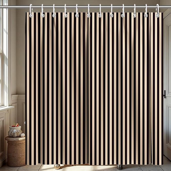 Modern Striped Shower Curtain 72x72 Inch,Elegant Art Bathroom Decor | Vertical Beige and Black Lines Bathroom Decor,Include Hooks,Waterproof Polyester Fabric,Abstract Geometric Shower Curtain