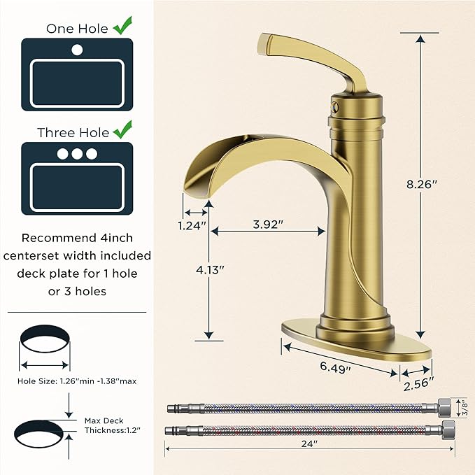 Forious Single Handle Bathroom Faucets Brushed Gold One Hole Antique Waterfall Bathroom Faucet with Metal Pop Up Drain and Deck Plate for Lavatory Vanity Farmhouse RV