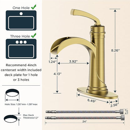 Forious Single Handle Bathroom Faucets Brushed Gold One Hole Antique Waterfall Bathroom Faucet with Metal Pop Up Drain and Deck Plate for Lavatory Vanity Farmhouse RV