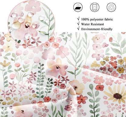 Cute Pink Green Floral Spring Boho Kids Girls Bathroom Shower Curtain Set | 72"W x 72"H Girly Watercolor; waterproof HD print, quick-dry fabric with 12 hooks for easy hanging.