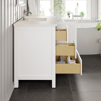 Eviva Britney 42 Inch Vanity with Top - White 42 Bathroom Vanity with Sink and Countertop White Carrara Quartz & Porcelain Sink Combo for Bathroom Sink Cabinet