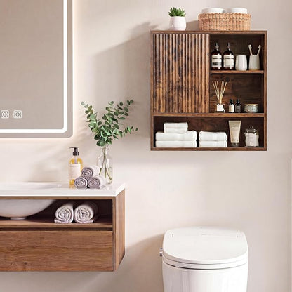 Farmhouse Bathroom Wall Cabinet Wooden Fluted Medicine Cabinet Rustic Brown | FerniTry Over Toilet Storage Cabinet with Adjustable Shelf, Wood Wall Mounted Storage Cabinet Organizer