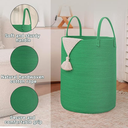 JMvicyroam 80L Cotton Rope Laundry Basket Hamper, Dark Green | Collapsible laundry basket, reinforced handles, freestanding, machine washable, holds 3-5 thick blankets, clothes or toys