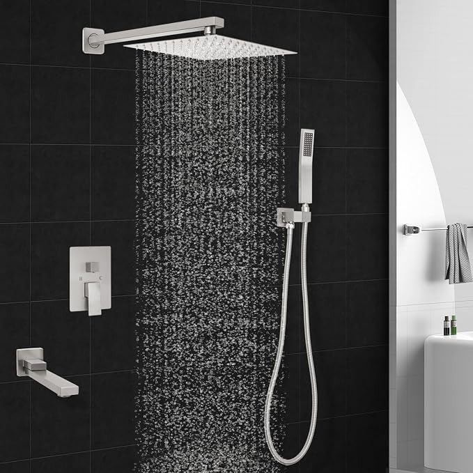 Brushed Nickel Square Rainfall Shower Head Set with Handheld & Faucet, 10" | Wall Mounted Bathroom Shower Faucet, 10 Inch Square Head, With Shower Valve, Rustproof Brushed Nickel, High Pressure Raindrop