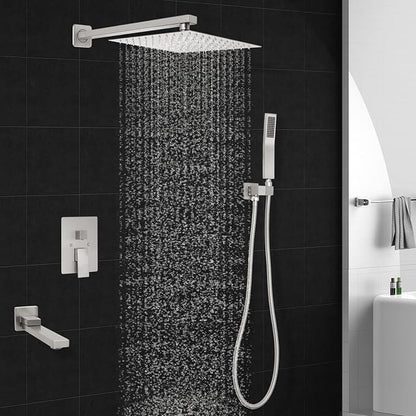 Brushed Nickel Square Rainfall Shower Head Set with Handheld & Faucet, 10" | Wall Mounted Bathroom Shower Faucet, 10 Inch Square Head, With Shower Valve, Rustproof Brushed Nickel, High Pressure Raindrop