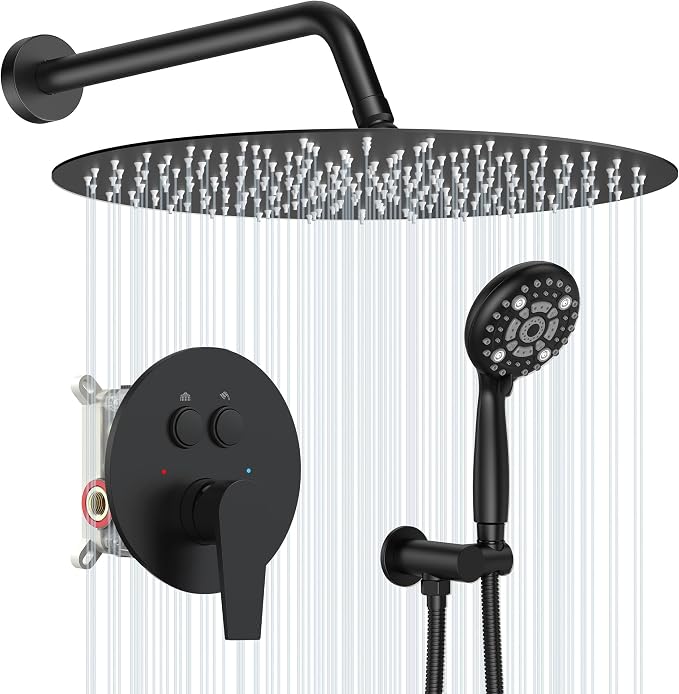 SR SUN RISE 12" Matte Black Rain Shower Faucet Set with Valve & Handheld | Dual-function High Pressure Shower System, 6-Setting Handheld, Pressure-balanced Valve Anti-Scald, Push-button Diverter