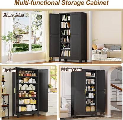 79" Black Metal Storage Cabinet with 2 Doors and 5 Adjustable Shelves,Steel Garage Tool Cabinet, File Cabinet,Kitchen Pantry Cabinet for Home,Office,Garage,School,Warehouse
