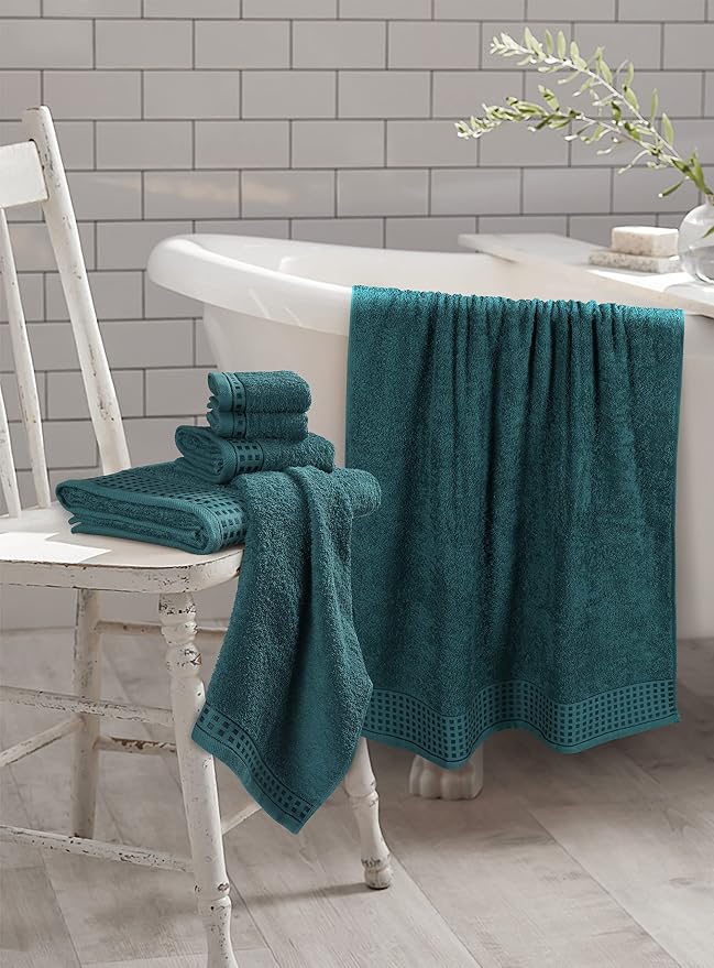 GLAMBURG 100% Cotton Ultra Soft 6 Pack Towel Set, Contains 2 Bath Towels 28x55 Inches, 2 Hand Towels 16x24 Inches & 2 Wash Coths 12x12 Inches, Compact Absorbent Lightweight & Quickdry - Teal