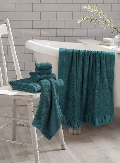 GLAMBURG 100% Cotton Ultra Soft 6 Pack Towel Set, Contains 2 Bath Towels 28x55 Inches, 2 Hand Towels 16x24 Inches & 2 Wash Coths 12x12 Inches, Compact Absorbent Lightweight & Quickdry - Teal