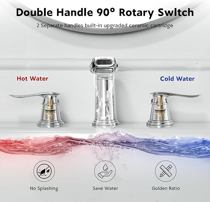BWE Waterfall Bathroom Faucet, Chrome 8 Inch Widespread Bathroom Sink Faucet Two-Handle Waterfall, Metal Pop-up Drain Include, for Vanity, Lavatory Sink