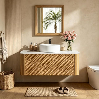 36 Inch Modern Bathroom Vanity with Ceramic Sink, Floating Bathroom Vanity Cabinet with Sintered Stone Top&Solid Wood Hammered Frame, Single Sink Bathroom Vanities w/Soft-Close Drawers,Natural