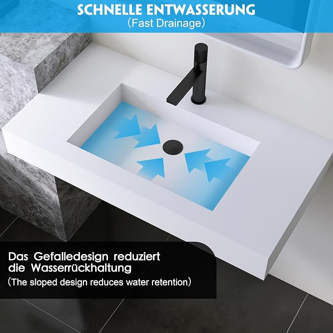 35'' Wall Mount Sink, Artificial Stone Bathroom Sink, Single Hole | Matte Bathroom Vanity Vessel Sinks, Rectanglee Indoor Modern Floating or Countertop Freestanding Wall Hang Sink Bowl