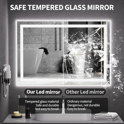 Koonmi 38x26 LED Bathroom Mirror, Shatterproof Mirror with Light | 90CRI Vanity Mirror with Anti-fog Backlit + Front Lit, 3 Color, Easy Install for Bathroom Hotel (IP65)