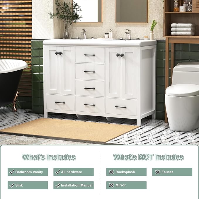48 Inch Bathroom Vanity with Sink, White Bathroom Vanity Cabinet with Doulble Sink, Bath Vanities with 4 Doors and 5 Drawers, 20" D x 48" W x 36" H