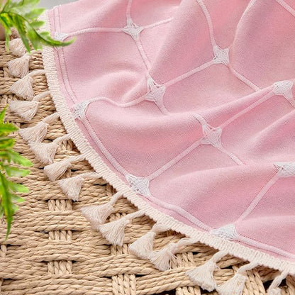 Pink Boho Shower Curtain Cotton Texture with Embroidered Plaid Pattern and Tassels for Bathroom,72" W×84" L