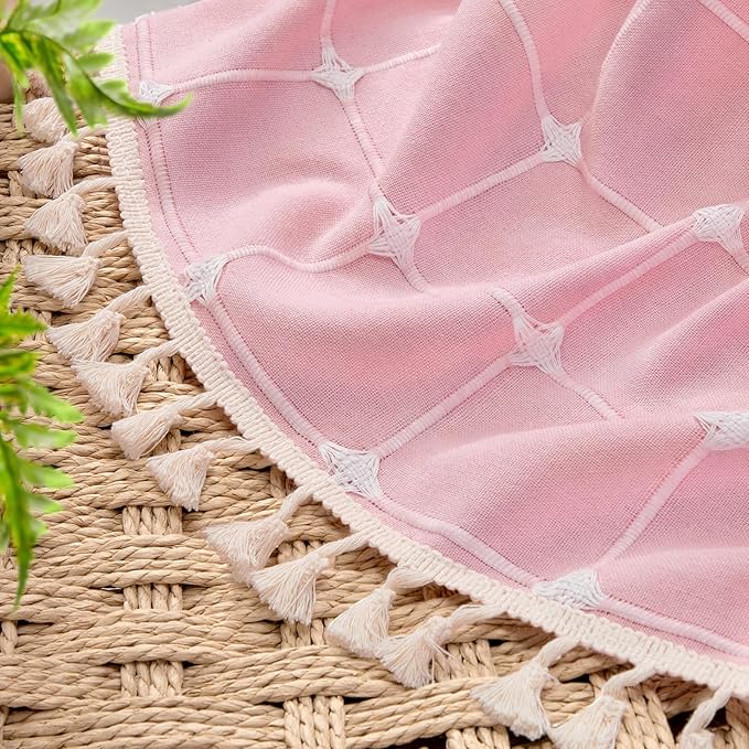 Pink Boho Shower Curtain Cotton Texture with Embroidered Plaid Pattern and Tassels for Bathroom,72" W×78" L